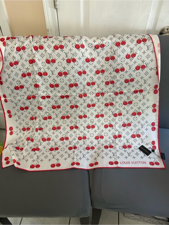 Louis Vuitton Accessories - Louis Vuitton White Silk Scarf with Red Cherry Motif